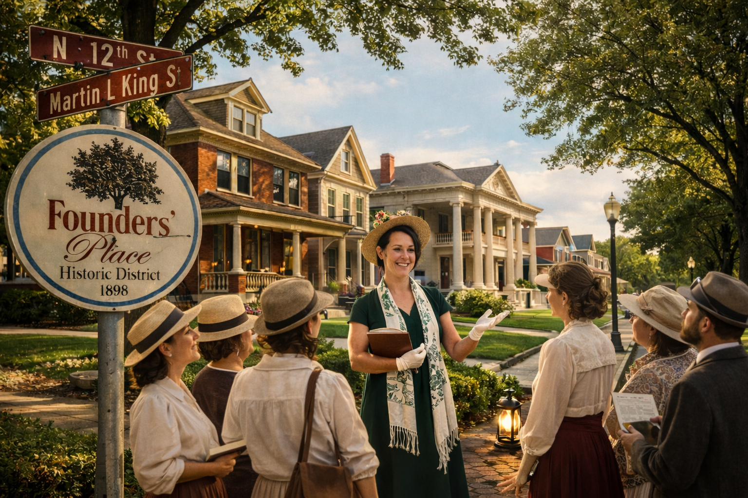 Guided walking history tour in Founder’s Place historic district in Muskogee.