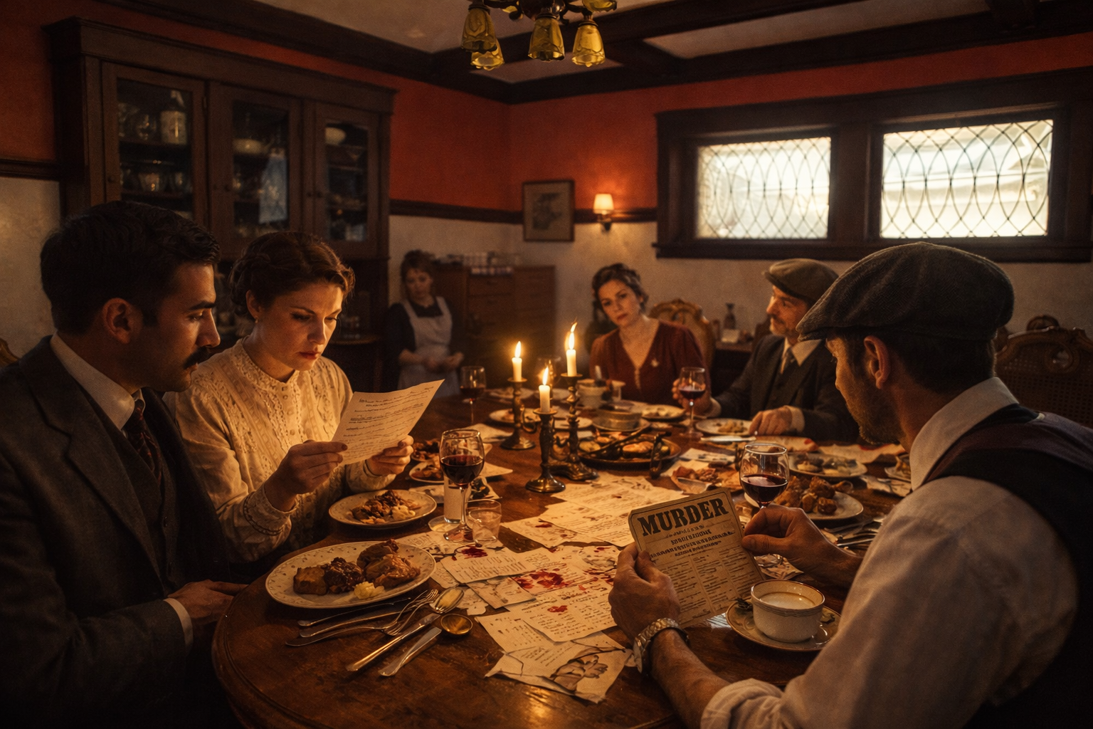 Candlelit murder mystery dinner experience in historic dining room