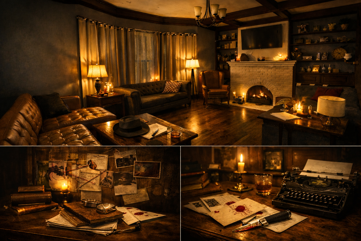 Vintage props and clues arranged on an antique desk.