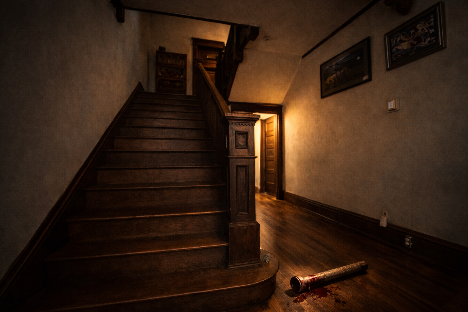 Moody interior hallway and staircase of the historic Fears House.