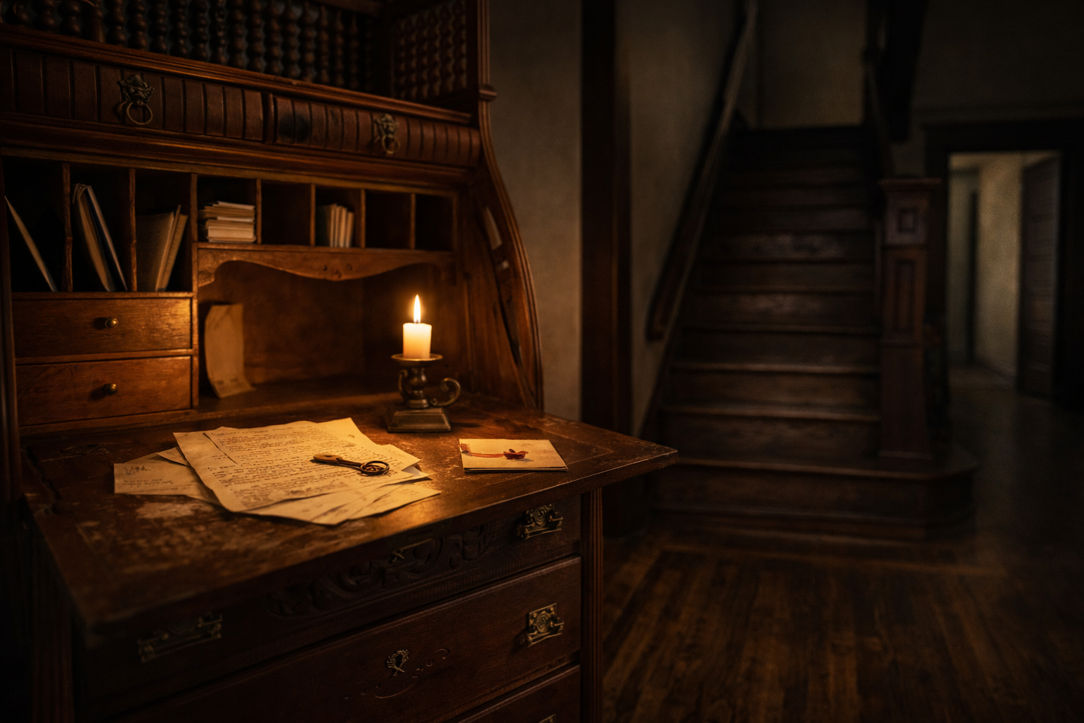 Antique desk with candle and clue papers for murder mystery